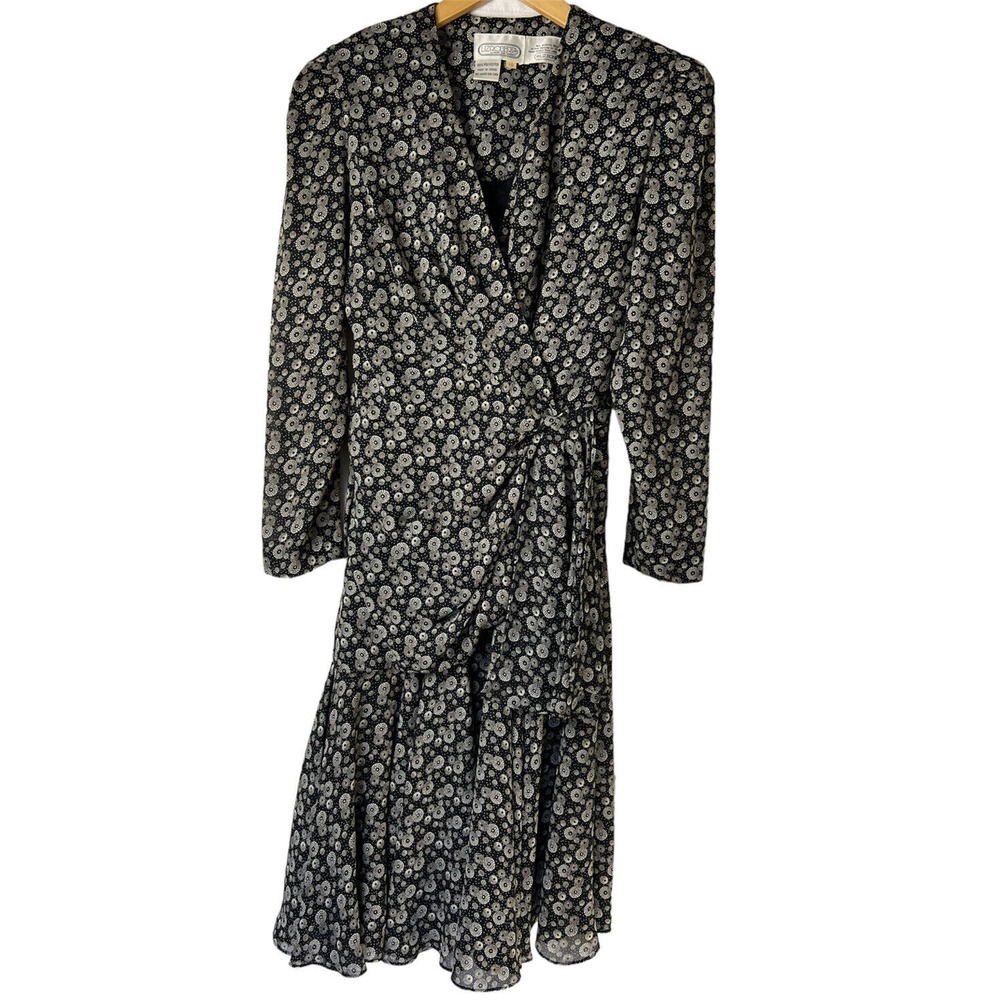 VTG Liz Roberts Wrap Dress Women's Sz 10 Cocktail Elegant Black Geometric Print